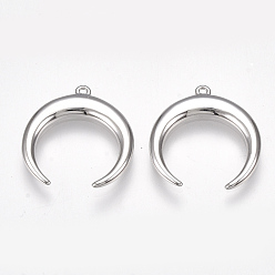 Real Platinum Plated Brass Pendants, Double Horn/Crescent Moon, Nickel Free, Real Platinum Plated, 16x15x1.5mm, Hole: 0.5mm