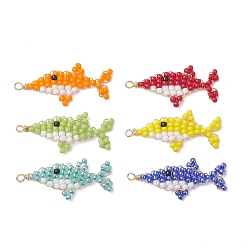 (52) Непрозрачная лаванда Стеклянные подвески из бисера, акул амулеты, с открытыми пружинными кольцами из нержавеющей стали 304, реальный 18 k позолоченный, разноцветные, 32.5x16x2 мм, отверстие : 1.6 мм