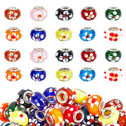 Mixed Color 10 Colors Handmade Lampwork European Beads, Bumpy Lampwork, with Platinum Brass Double Cores, Large Hole Beads, Rondelle with Flower, Mixed Color, 16x14x10.5mm, Hole: 5mm, 10 colors, 6pcs/color, 60pcs/box