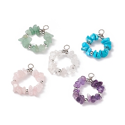 Mixed Stone Natural Mixed Stone Pendants, with Platinum Tone Brass Spacer Beads and Copper Wire Wrapped, Ring Charm, Mixed Dyed and Undyed, 34~38x28~30x6~8mm, Hole: 4~5mm