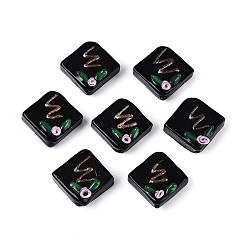 Черный Бусины лэмпворк , ромб с цветком и буквой, чёрные, 19~21x21~22x7.5~11 мм, отверстие : 1~1.5 мм