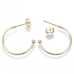 Real 18K Gold Plated Brass Half Hoop Earrings, Stud Earring, Nickel Free, with Ear Nuts and 925 Sterling Silver Pins, Real 18K Gold Plated, 26~30x25~28x3mm, Pin: 0.7mm