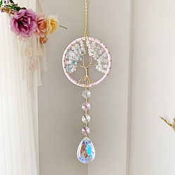 Розовый Кварц Каплевидные стеклянные ловцы солнца, подвесные украшения из драгоценных камней «дерево жизни», создатель радуги, для украшения сада и дома, 400 мм