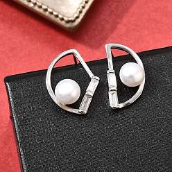 Платина 925 круглые серьги-гвоздики из стерлингового серебра с прозрачным кубическим цирконием, с имитацией жемчужины из ракушки, слева и справа, платина, 18x13.5 мм