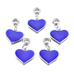 Blue CCB Plastic Pendants, with Enamel, Heart, Platinum, Blue, 35.5mm, Hole: 5.5mm