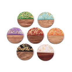 (52) Непрозрачная лаванда Подвески из непрозрачной смолы и орехового дерева, плоские круглые прелести, с блестящей пудрой и золотой фольгой, разноцветные, 28x3~4 мм, отверстие : 2 мм