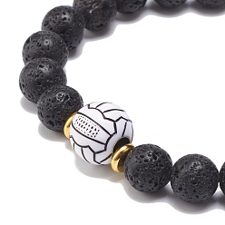 Volleyball Natural Lava Rock & Acrylic Braided Bead Bracelet, Essential Oil Gemstone Jewelry for Men Women, Volleyball Pattern, Inner Diameter: 2-1/8~3-5/8 inch(5.5~9.3cm)