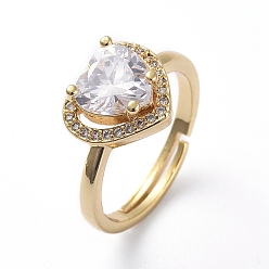 Golden Adjustable Brass Micro Pave Cubic Zirconia Finger Rings, Solitaire Ring, Heart, Golden, Size 7, 17mm