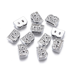 Letter B Alloy Initial Slide Charms with Grade A Rhinestones, Lead Free & Nickel Free, Platinum, Letter.B, 12~13x8~13x4~5mm, Hole: 8x2mm