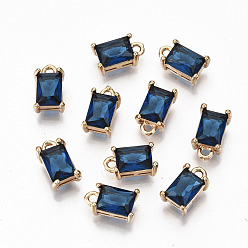 Sapphire Brass Glass Rhinestone Pendants, Long-Lasting Plated, Cadmium Free & Lead Free, Rectangle, Light Gold, Sapphire, 10x6x4.5mm, Hole: 1.4mm