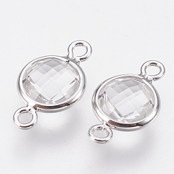 Clear Glass Links connectors, with Brass Findings, Faceted Flat Round, Nickel Free, Real Platinum Plated, Clear, 12x7x3mm, Hole: 1.2mm