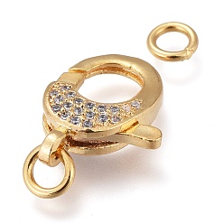 Real 18K Gold Plated Brass Micro Pave Clear Cubic Zirconia Lobster Claw Clasps, with Jump Rings, Long-Lasting Plated, Real 18K Gold Plated, 16x12x4mm, Hole: 3mm, Jump Ring: 5x1mm