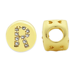 Letter R Brass Micro Pave Clear Cubic Zirconia Beads, Flat Round with Letter, Letter.R, 7.5x6.5mm, Hole: 3.5mm, 3pcs/bag