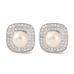 Real Platinum Plated 925 Sterling Silver Square Stud Earrings, with Natural Pearl & Clear Cubic Zirconia, Real Platinum Plated, 13x13mm