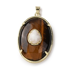 Смешанные камни Подвески из натурального тигрового глаза и белого лунного камня., овальные амулеты, стойки покрытие, золотые, 38x26x11 мм, отверстие : 5x3.5 мм