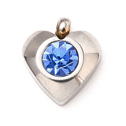 Свет Сапфира 304 прелести нержавеющей стали, с акриловыми стразами, граненые, очарование камня, сердце, цвет нержавеющей стали, света сапфир, 8.2x7.2x3.2 мм, отверстие : 1 мм