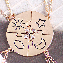 Золотой Подвеска-головоломка из цинкового сплава с кристаллами и стразами в виде солнца, луны и звезд, подходящая по размеру к ожерелью для женщин, золотые, 17.72 дюйм (45 см), 4 шт / комплект