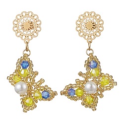 Желтый Серьги-гвоздики в виде бабочки из стеклянного бисера, с 304 серьгами из нержавеющей стали, золотые, желтые, 48x27 мм