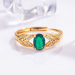 Golden Brass Micro Pave Cubic Zirconia Finger Rings, Oval, Golden, Inner Diameter: 20.36mm