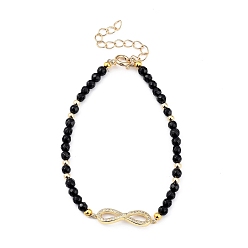 Black Agate Infinity Brass Micro Pave Cubic Zirconia Link Bracelets, with Natural Black Agate Beads and Brass Spring Ring Clasps, Golden, 7-3/4 inch(19.8cm)