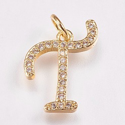 Letter T Brass Micro Pave Cubic Zirconia Letter Pendants, Letter.T, 13x16x2mm, Hole: 3mm
