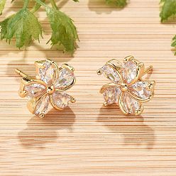 Прозрачный Цветочные латунные серьги-гвоздики с кубическим цирконием для женщин, без кадмия и без свинца, долговечный, стойки покрытие, золотые, прозрачные, 11.5x11.5 мм