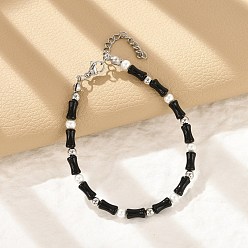 Черный 304 браслеты из нержавеющей стали с бусинами для женщин, колонка, с бусинами из стекла, стали и пластика, имитирующими жемчуг, чёрные, 7-3/8 дюйм (18.7 см)