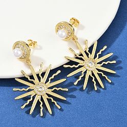 Настоящее золото 18K Серьги-гвоздики из солнечной латуни с микропаве из прозрачных кубических цирконий, с ABS имитации жемчуга, без кадмия и без свинца, стойки покрытие, долговечный, реальный 18 k позолоченный, 47.5x32 мм