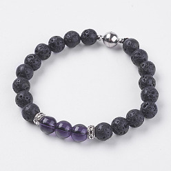 Аметист Натуральные бусины из вулканического камня стрейч браслеты, с естественным аметистом и магнитной застежкой, 7-1/2 дюйм (190 мм)