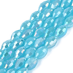 Sky Blue Electroplate Imitation Jade Glass Beads Strands, Rice, AB Color Plated, Faceted, Sky Blue, 8~8.5x5.5~6mm, Hole: 1~1.2mm, about 67~68pcs/strand, 21.46~22.24 inch(54.5~56.5cm)