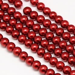 Red Eco-Friendly Dyed  Glass Pearl Round Beads Strands, Grade A, Cotton Cord Threaded, Red, 8mm, Hole: 0.7~1.1mm, about 52pcs/strand, 15 inch