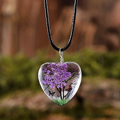 Средняя Орхидея Подвеска в форме сердца из стекла с сушеным цветком и деревом внутри, ожерелья из черного вощеного шнура, средне орхидеи, 17.32 дюйм (44 см)