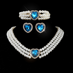 Сапфир Комплекты ожерелий, сережек-гвоздиков и браслетов из стеклянных стразов и пластиковых жемчужин в форме сердца, сапфир, 340 мм