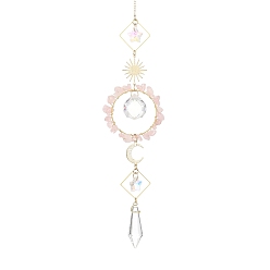 Rose Quartz Sun Moon Ring Brass & Natural Rose Quartz Chip Suncatcher, Glass Cone & Teardrop Pendant Prism Crystal Window Hanging Ornament for Home Garden Decor, 320mm