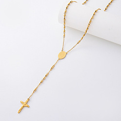 Oro Collares de rosario redondos de acero inoxidable vintage, Collares con colgante de cruz de la Virgen para mujer, dorado, 304 pulgada (18.90 cm)