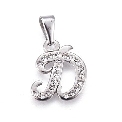 Letter D 304 Stainless Steel Pendants, with Rhinestone, Letter, Letter.D, 19x17x2mm, Hole: 3~3.5x7.5~8mm