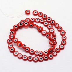 Red Handmade Evil Eye Lampwork Flat Round Bead Strands, Red, 8x3.2mm, Hole: 1mm, about 49pcs/strand, 14.56 inch