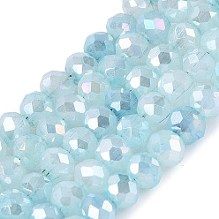 Himmelblau Stränge aus gefärbten, krakelierten Imitations-Jadeglasperlen, Rondell, ab Farbe plattiert, facettiert, Himmelblau, 4~4.5x3.5~4 mm, Bohrung: 0.8~1 mm, ca. 106~112 Stk. / Strang, 14.76~15.94 Zoll (37.5~40.5 cm)