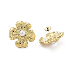 WhiteSmoke Ion Plating(IP) Flower Real 14K Gold Plated 304 Stainless Steel Stud Earrings, with Natural Shell Beads, WhiteSmoke, 25x25mm