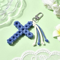 Королевский синий Хлопок подвесные украшения, с поворотными застежками сплава, крестик, платина, королевский синий, 118 мм