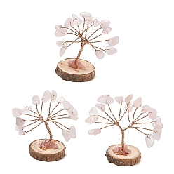 Rose Quartz Natural Rose Quartz Chips Tree of Life Decorations, with Wooden Base & Copper Wire, Feng Shui Energy Stone Gift for Home Desktop Decoration, 31~32x29~33x33~50mm