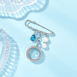 Плоский Круглый Контакты железа безопасности, броши-подвески из сплава со стразами и кристаллами, плоско-круглые, со стеклянными жемчужными бусинами и стеклом, платина, плоско-круглые, 62.5x50 мм