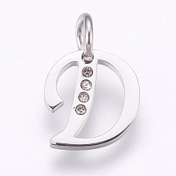 Letter D 304 Edelstahl Anhänger, mit Strass, Buchstabe, letter.d, 12x11x1.5 mm, Bohrung: 4 mm