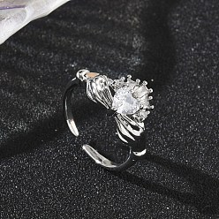 Платина Браслет-манжета из латуни с инкрустацией кубическим цирконием, открытые кольца, священное сердце с рукой, платина, 11 мм, внутренний диаметр: 16 мм