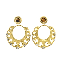 Настоящее золото 18K 304 серьги-гвоздики из нержавеющей стали с натуральным тигровым глазом в стиле бохо, плоско-круглые, реальный 18 k позолоченный, 51.5x37.5 мм