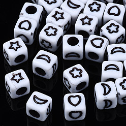 White Opaque Acrylic Beads, Cube with Moon or Star or Heart, White, 6x6x6mm, Hole: 3mm, about 2995pcs/500g