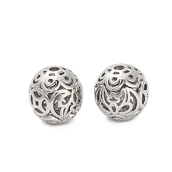 Платина Латунные бусины, полые круглые с цветочным узором, платина, 10 мм, отверстие : 1.8 мм