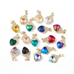Mixed Color Real 18K Gold Plated Rack Plating Brass Micro Pave Clear Cubic Zirconia Pendants, with Glass, Long-Lasting Plated, Cadmium Free & Lead Free, Heart Charm, Mixed Color, 24x16x8mm, Hole: 5mm