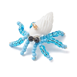 Темно-Голубой Подвески в виде краба из натуральной черной шпинели, натуральной ракушки-трубы и стеклянных бусин с огранкой круглой формы, прелести морских животных, с петлями из медной проволоки, золотой свет, глубокое синее небо, 30x30~35x11~12 мм, отверстие : 2.5~3 мм