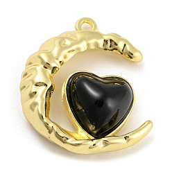 Golden Alloy with Glass Pendants, Moon & Heart Charms, Golden, 24x20x7mm, Hole: 1.5mm